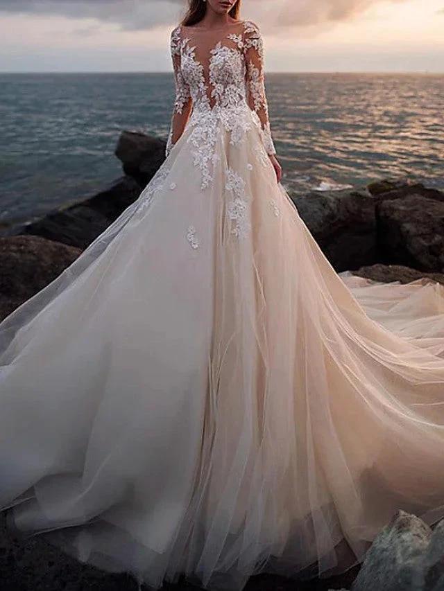 Long A-Line Jewel Neck Court Train Lace Tulle Wedding Dresses with Sleeves - Image 3