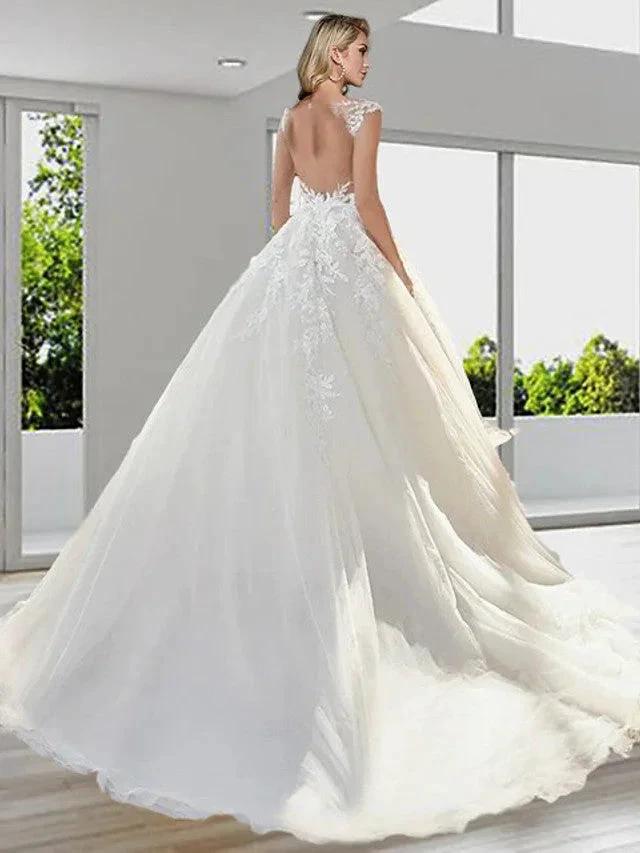 Long A-Line Jewel Neck Sweep Brush Train Lace Tulle Backess Wedding Dresses - Image 2