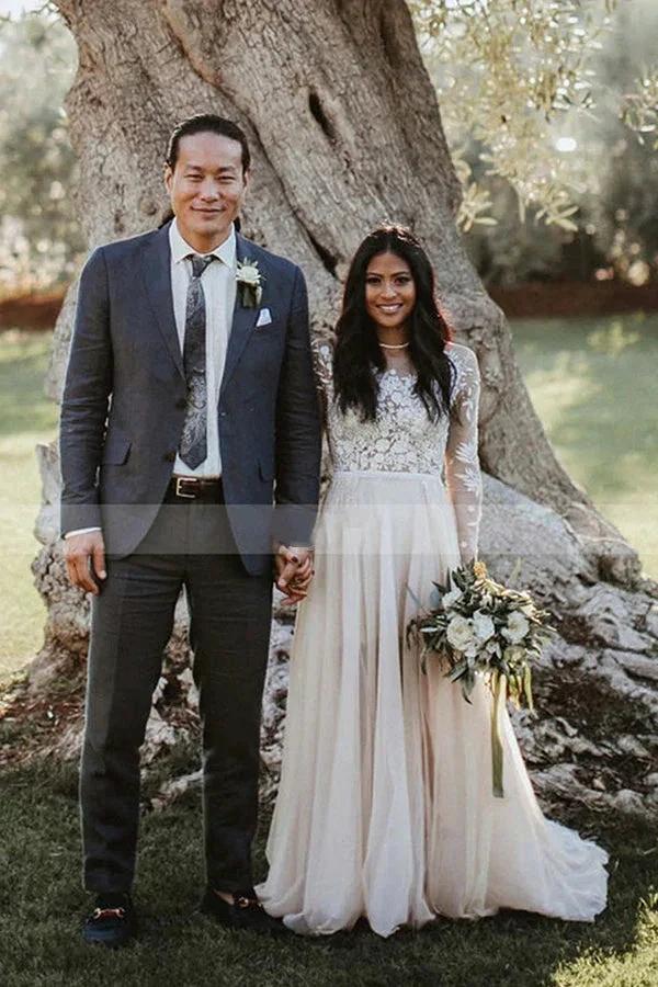 Long A-line Lace Scoop Neck Tulle Wedding Dress with Sleeves - Image 2