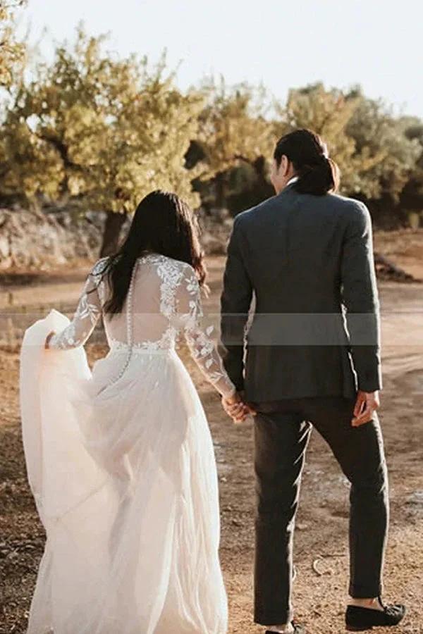 Long A-line Lace Scoop Neck Tulle Wedding Dress with Sleeves - Image 3