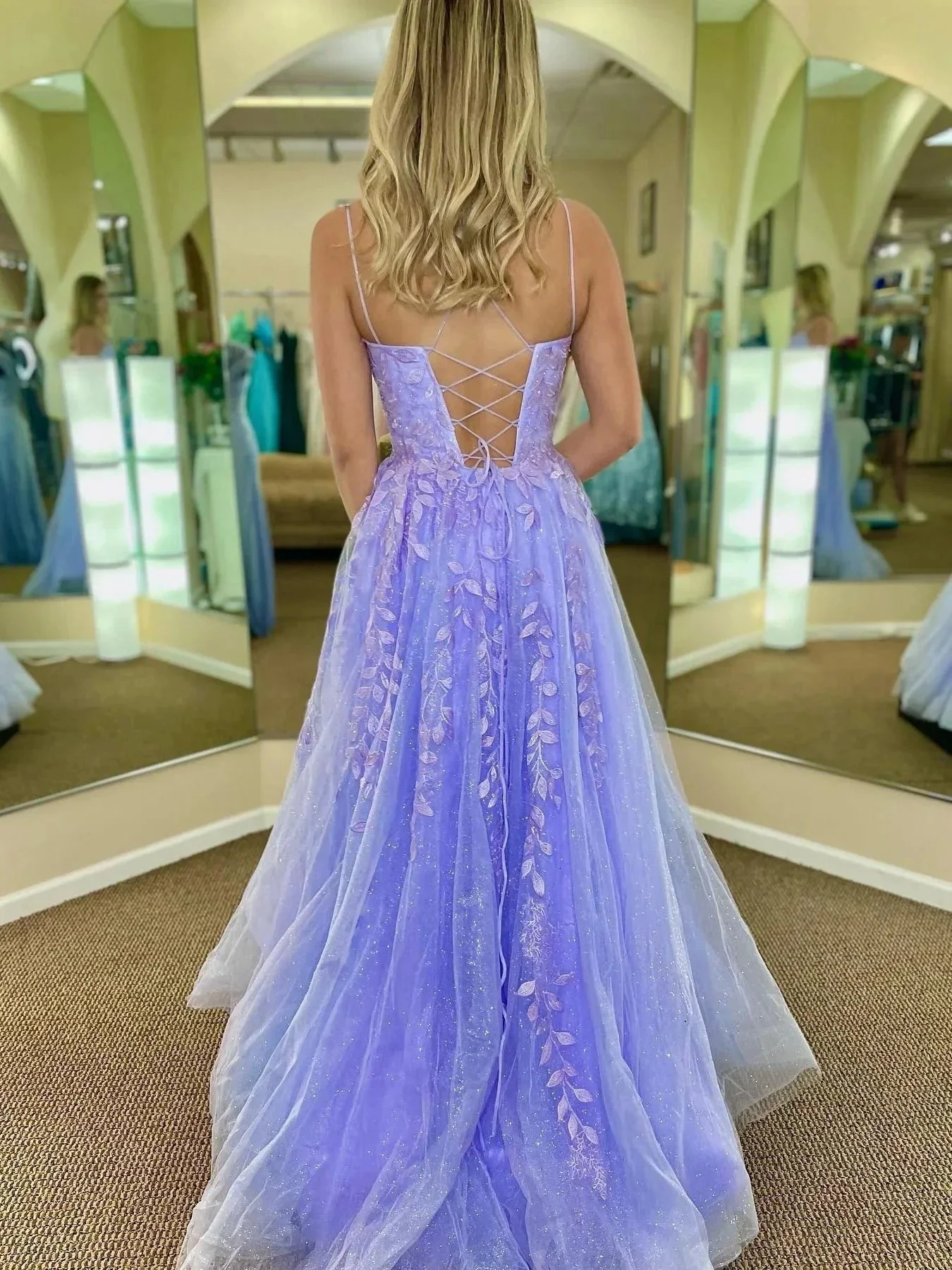 Long A-line Lace Tulle Backless Prom Dresses Purple Formal Evening Dresses - Image 2