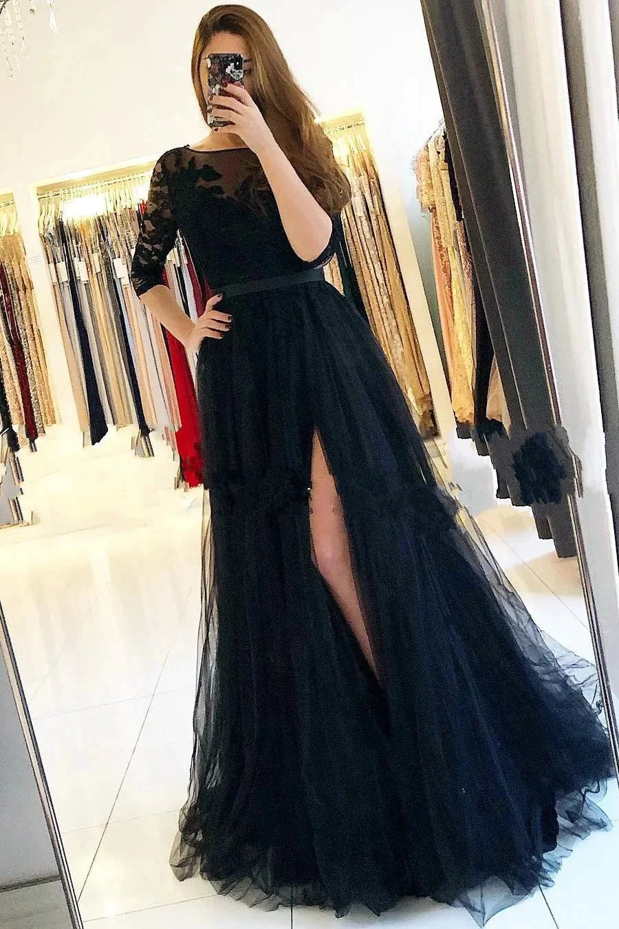 Long A-Line Lace Tulle Front Slit Black Prom Dress With Sleeves - Image 2