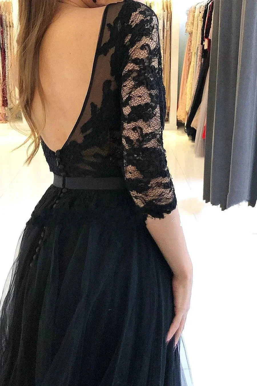 Long A-Line Lace Tulle Front Slit Black Prom Dress With Sleeves - Image 3