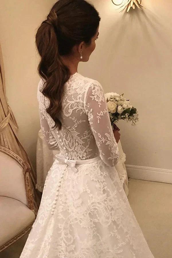 Long A-line Lace Wedding Dress with Sleeves - Image 3