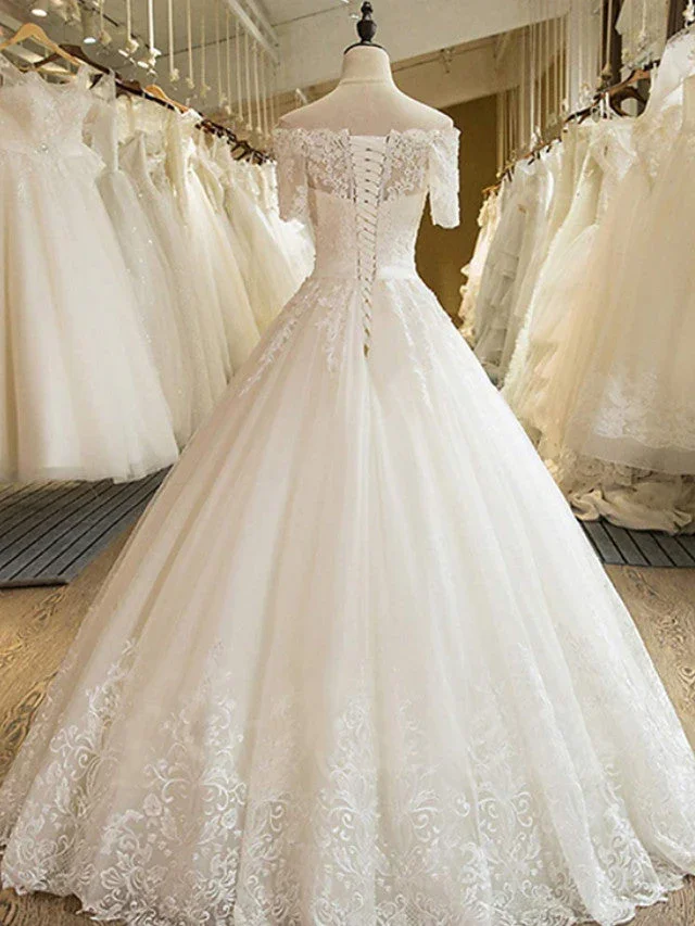 Long A-line Off Shoulder Court Train Lace Tulle Wedding Dresses with Sleeves - Image 2