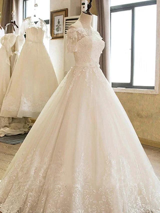 Long A-line Off Shoulder Court Train Lace Tulle Wedding Dresses with Sleeves - Image 3