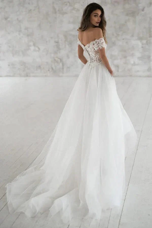 Long A-line Off the Shoulder Appliques Tulle Wedding Dress with Sleeves - Image 2