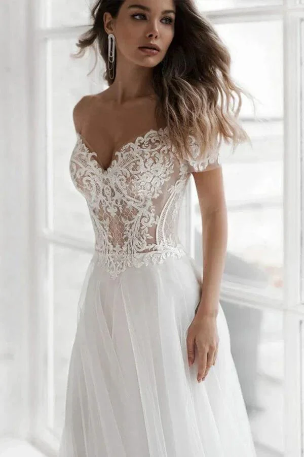 Long A-line Off the Shoulder Appliques Tulle Wedding Dress with Sleeves - Image 3