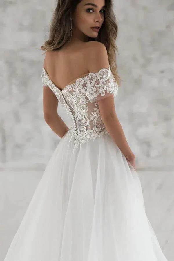 Long A-line Off the Shoulder Appliques Tulle Wedding Dress with Sleeves - Image 4