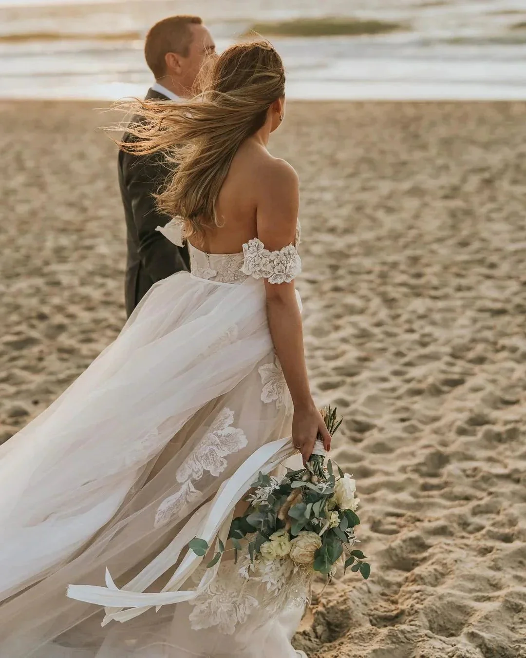 Long A-Line Off-the-Shoulder Backless Appliques Lace Tulle Wedding Dress - Image 3