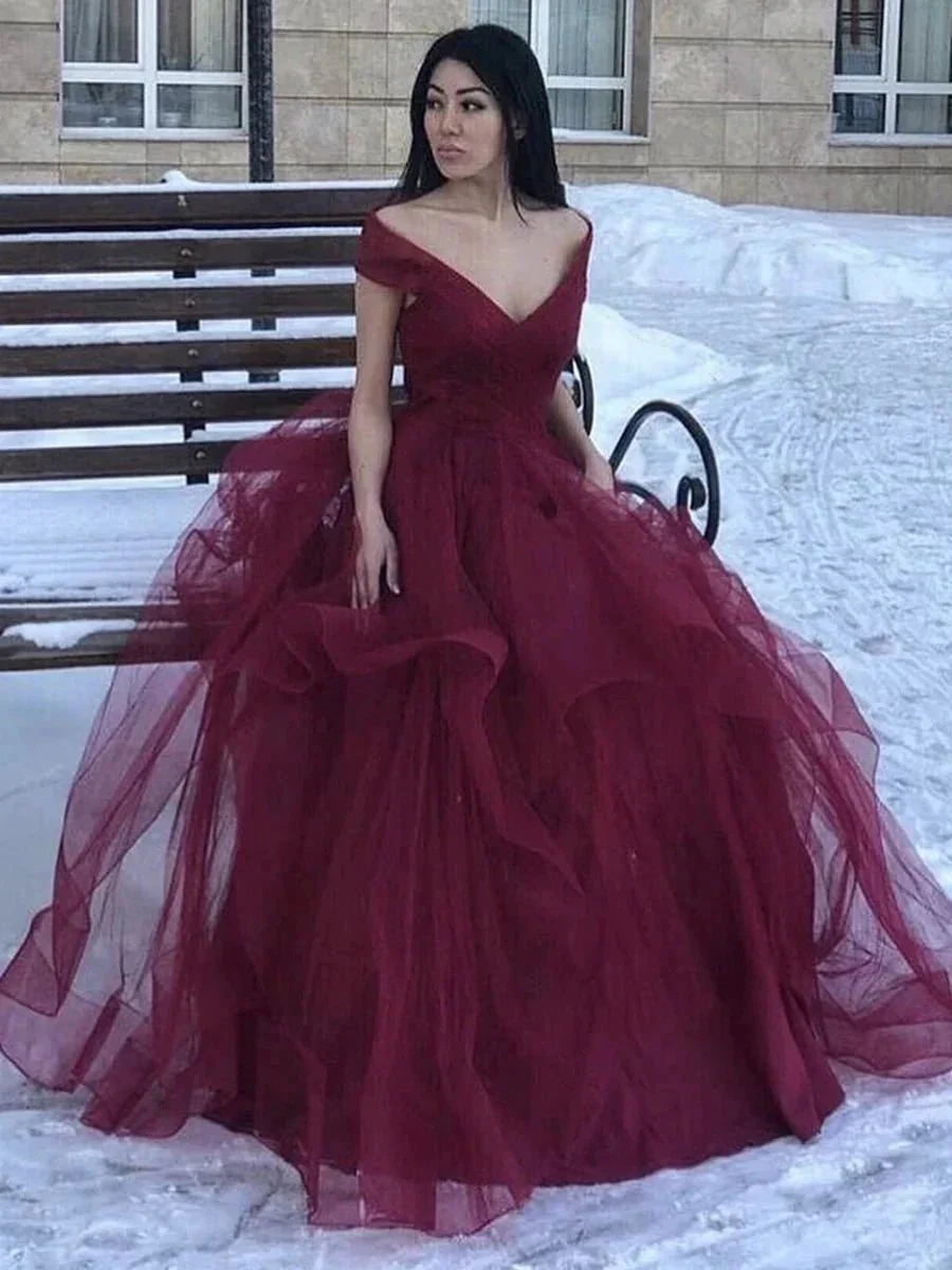 Long A-line Off the Shoulder Fluffy Tulle V Neck Prom Formal Evening Dresses - Image 2