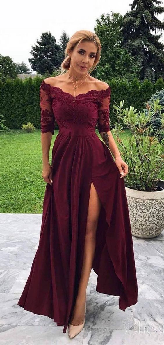 Long A-line Off-the-shoulder Front Slit Burgundy Prom Dress with Sleeves - Image 2