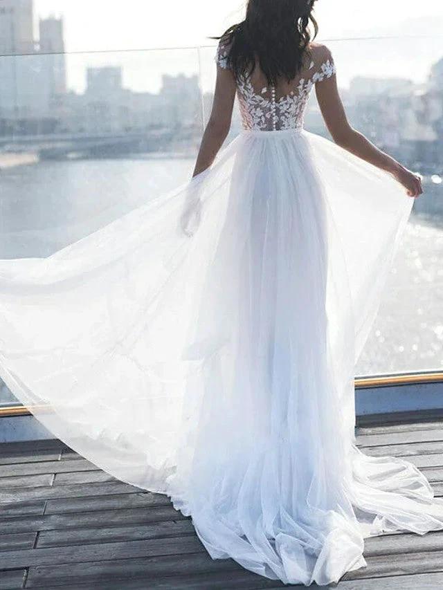 Long A-Line Off the Shoulder Lace Chiffon Wedding Dresses with Sleeves - Image 2