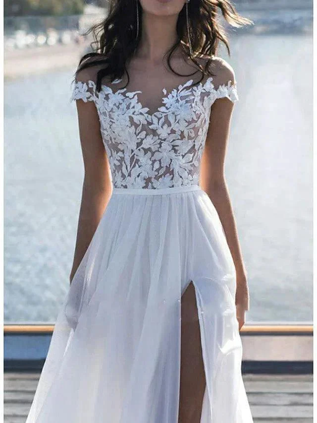 Long A-Line Off the Shoulder Lace Chiffon Wedding Dresses with Sleeves - Image 3