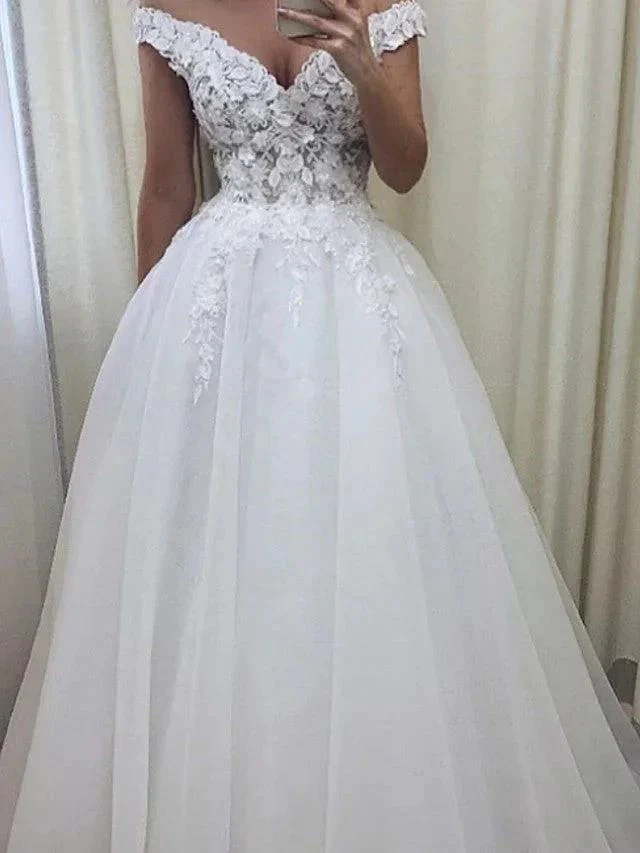 Long A-Line Off the Shoulder Lace Tulle Wedding Dresses - Image 2