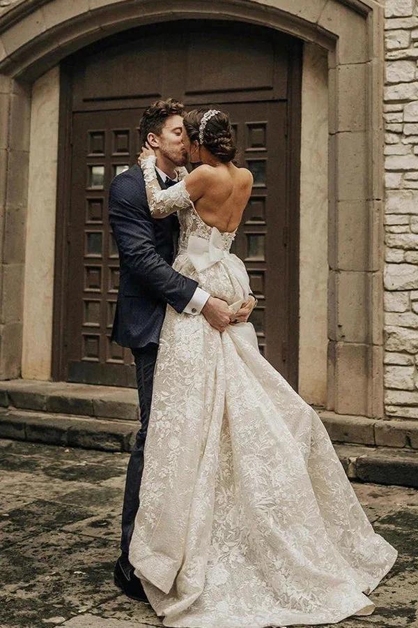 Long A-line Off The Shoulder Lace Wedding Dress With Sleeves - Image 2