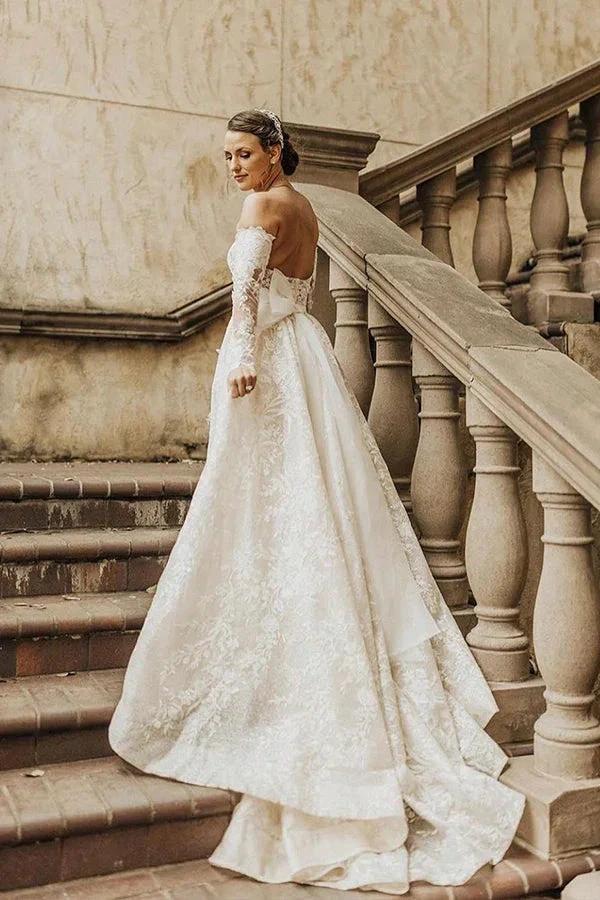 Long A-line Off The Shoulder Lace Wedding Dress With Sleeves - Image 3