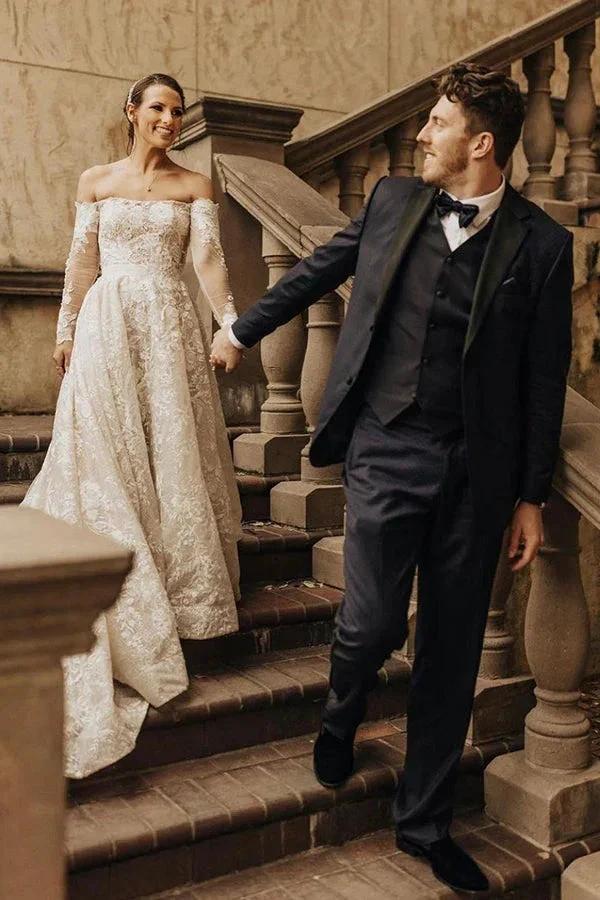 Long A-line Off The Shoulder Lace Wedding Dress With Sleeves - Image 4