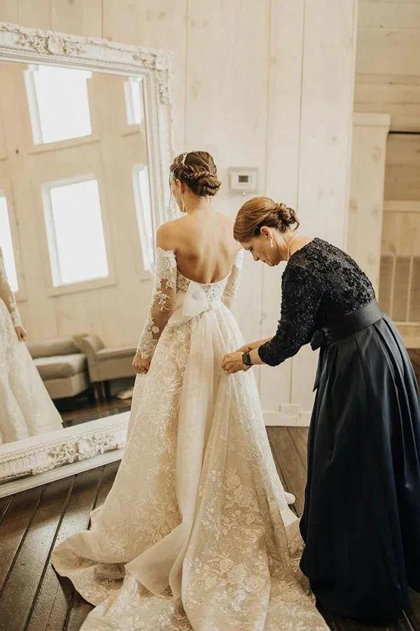 Long A-line Off The Shoulder Lace Wedding Dress With Sleeves - Image 5