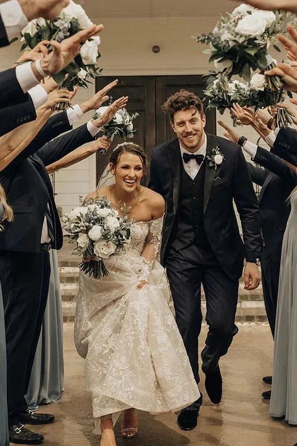 Long A-line Off The Shoulder Lace Wedding Dress With Sleeves - Image 6