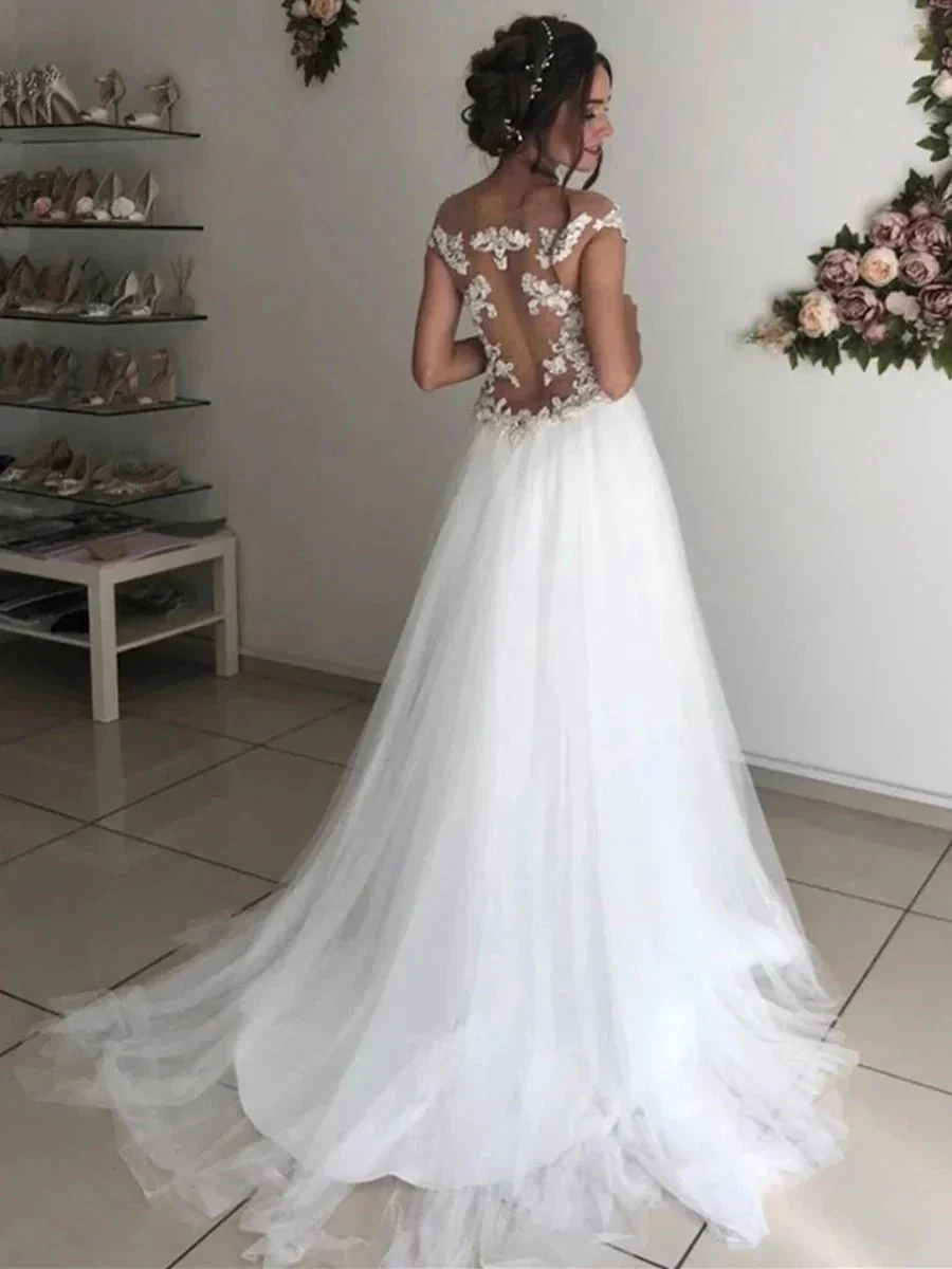 Long A-line Off the Shoulder Round Neck Tulle Lace Wedding Dresses - Image 2