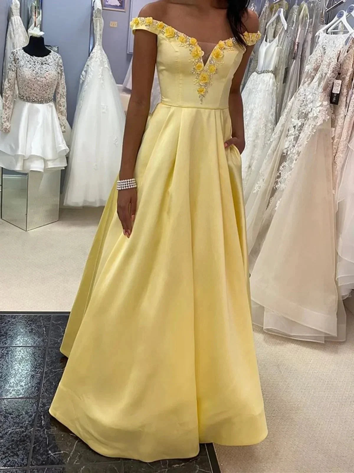 Long A-line Off the Shoulder Satin Formal Prom Dresses with Pockets - Image 2