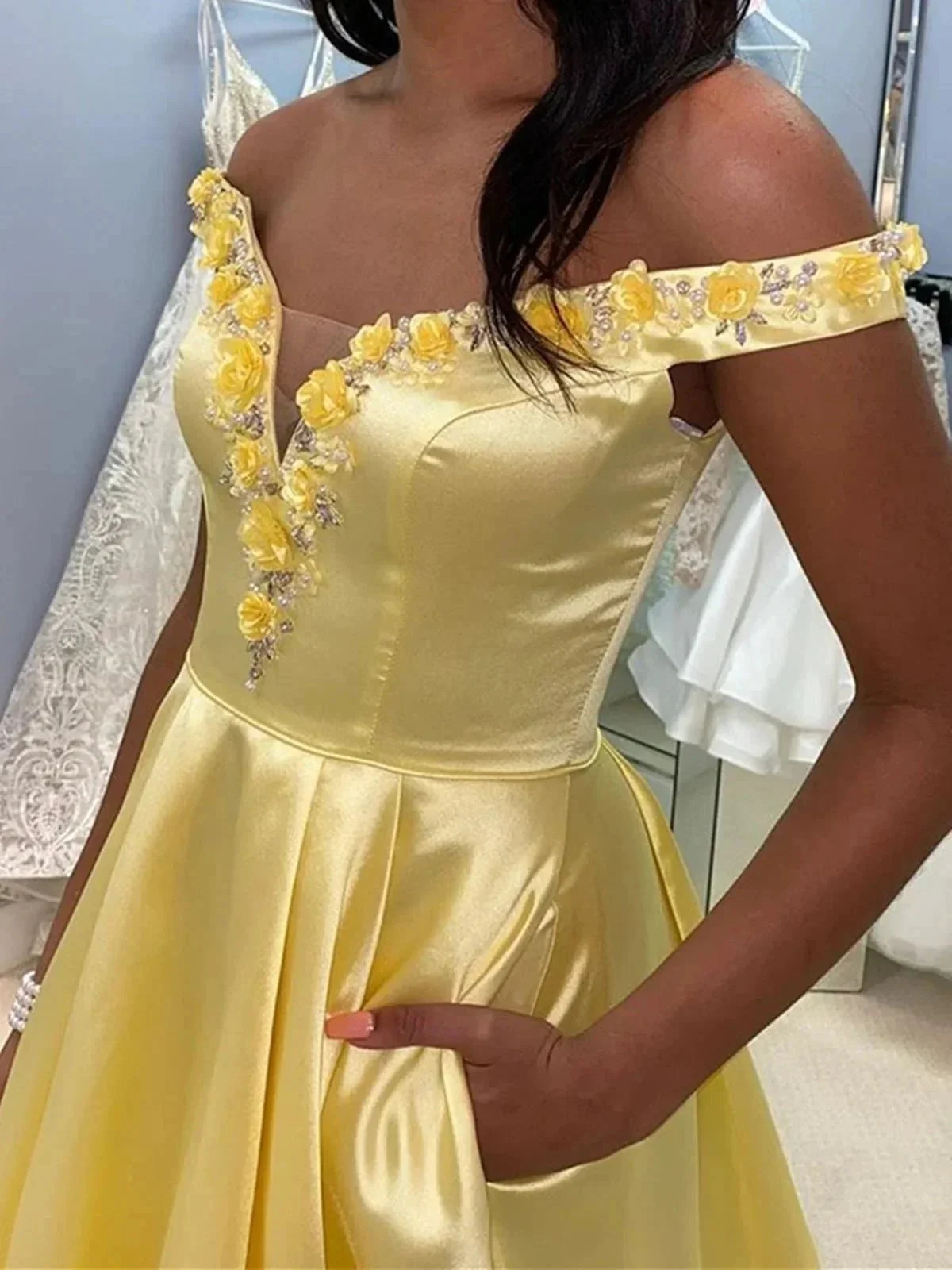Long A-line Off the Shoulder Satin Formal Prom Dresses with Pockets - Image 3