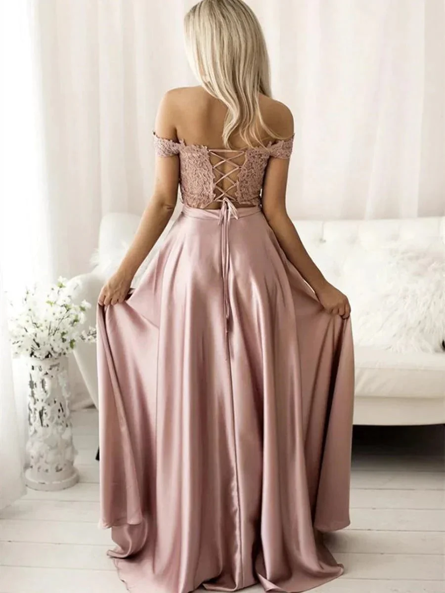 Long A-line off the Shoulder Satin Lace Two Piece Formal Prom Dresses - Image 2