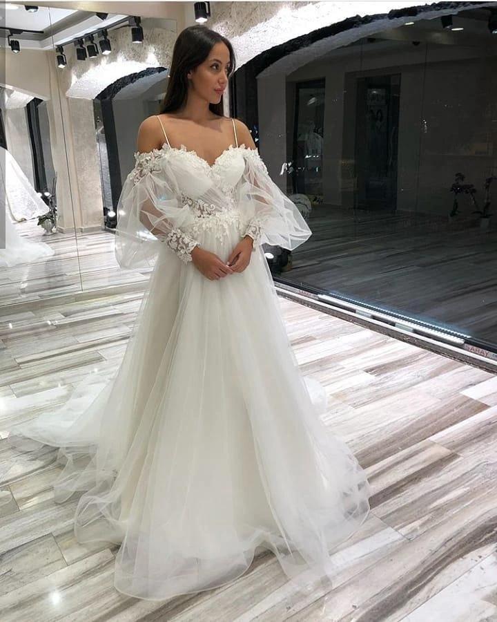 Long A-Line Off-the-Shoulder Sweetheart Appliques Lace Tulle Wedding Dresses with Sleeves - Image 2