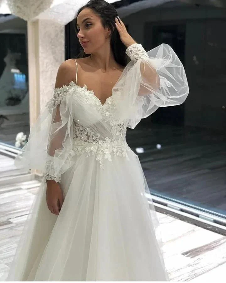 Long A-Line Off-the-Shoulder Sweetheart Appliques Lace Tulle Wedding Dresses with Sleeves - Image 3