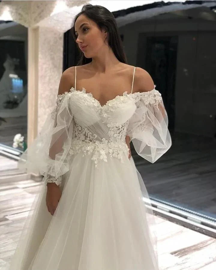 Long A-Line Off-the-Shoulder Sweetheart Appliques Lace Tulle Wedding Dresses with Sleeves - Image 4