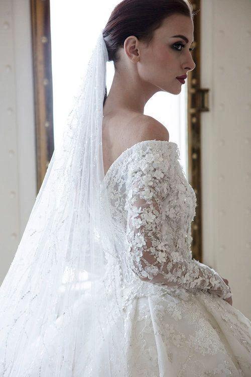 Long A-Line Off-the-Shoulder Sweetheart Backless Appliques Lace Crystal Wedding Dress with Sleeves - Image 4