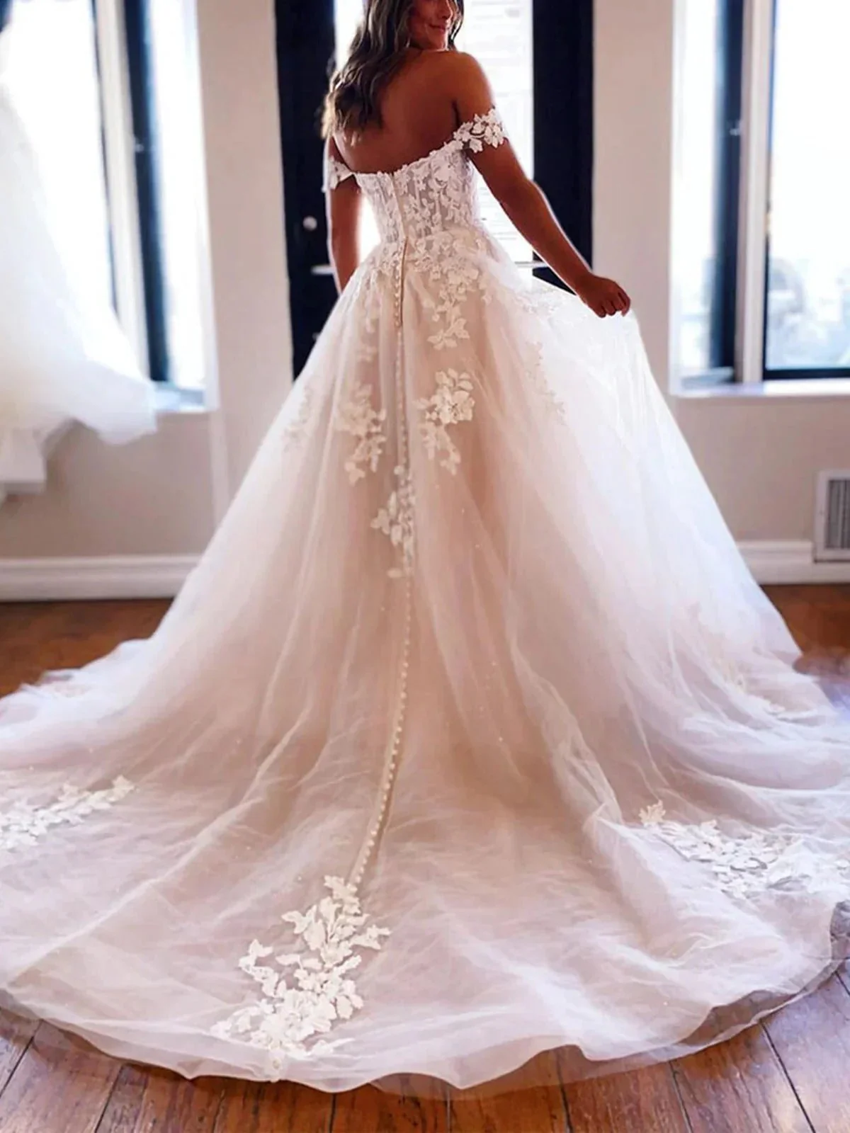 Long A-line off the Shoulder Tulle Prom Dress White Lace Formal Evening Gowns - Image 3