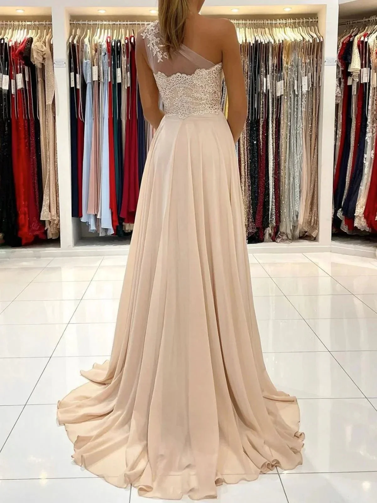 Long A-line One Shoulder Chiffon Prom Dress with Slit Lace Formal Evening Gowns - Image 2