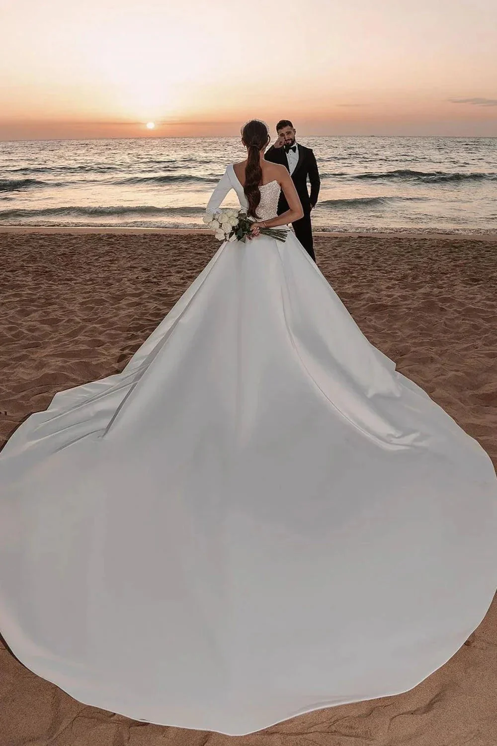 Long A-line One Shoulder Sequins Satin Wedding Dress with Sleeves - Image 2