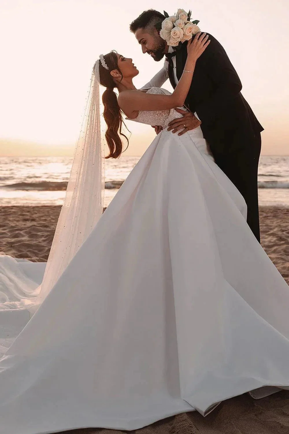 Long A-line One Shoulder Sequins Satin Wedding Dress with Sleeves - Image 3