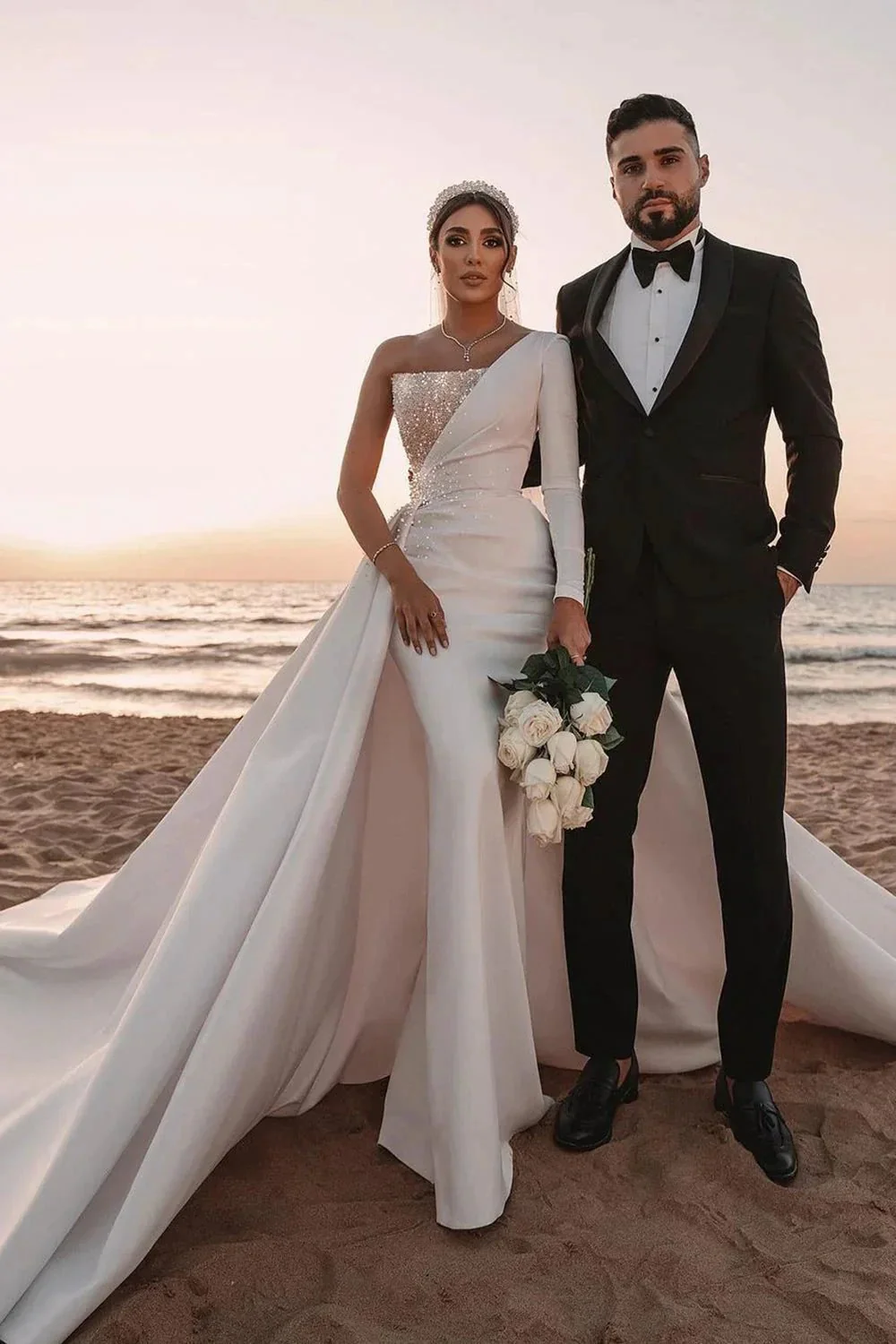 Long A-line One Shoulder Sequins Satin Wedding Dress with Sleeves - Image 8