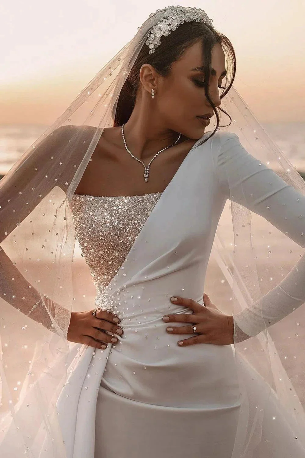 Long A-line One Shoulder Sequins Satin Wedding Dress with Sleeves - Image 9