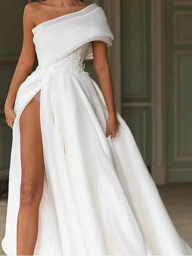 Long A-Line One Shoulder Sweep Brush Train Chiffon Wedding Dresses with Slit - Image 2
