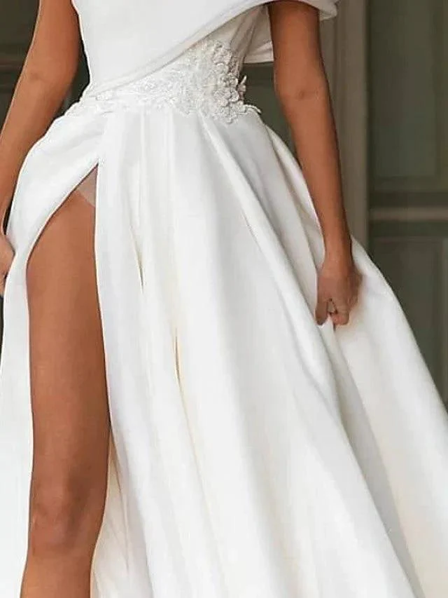 Long A-Line One Shoulder Sweep Brush Train Chiffon Wedding Dresses with Slit - Image 3