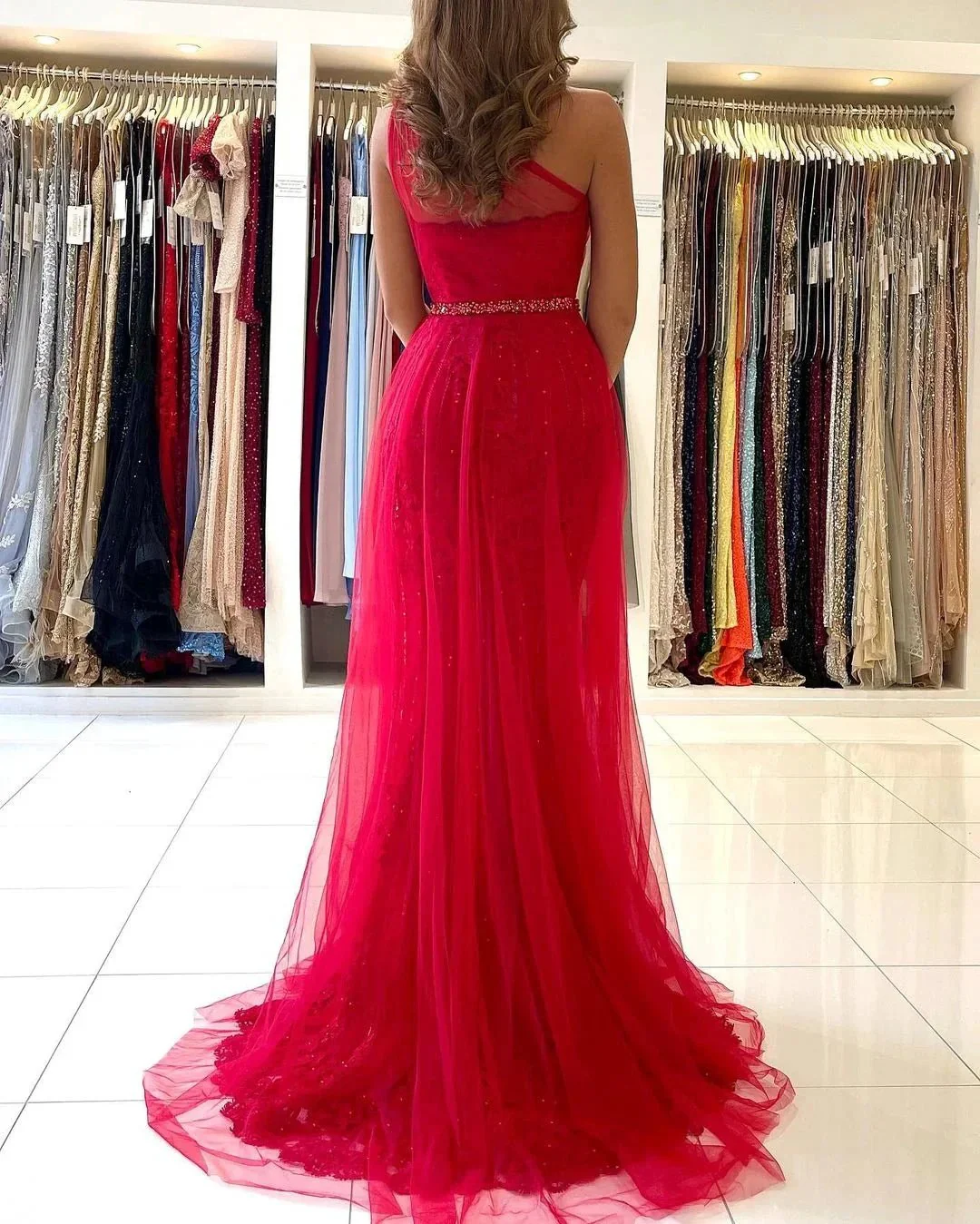 Long A-line One Shoulder Tulle Front Slit Prom Dress with Detacable Train - Image 2