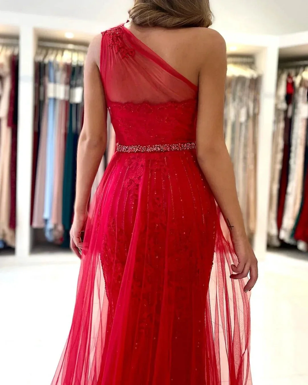 Long A-line One Shoulder Tulle Front Slit Prom Dress with Detacable Train - Image 3
