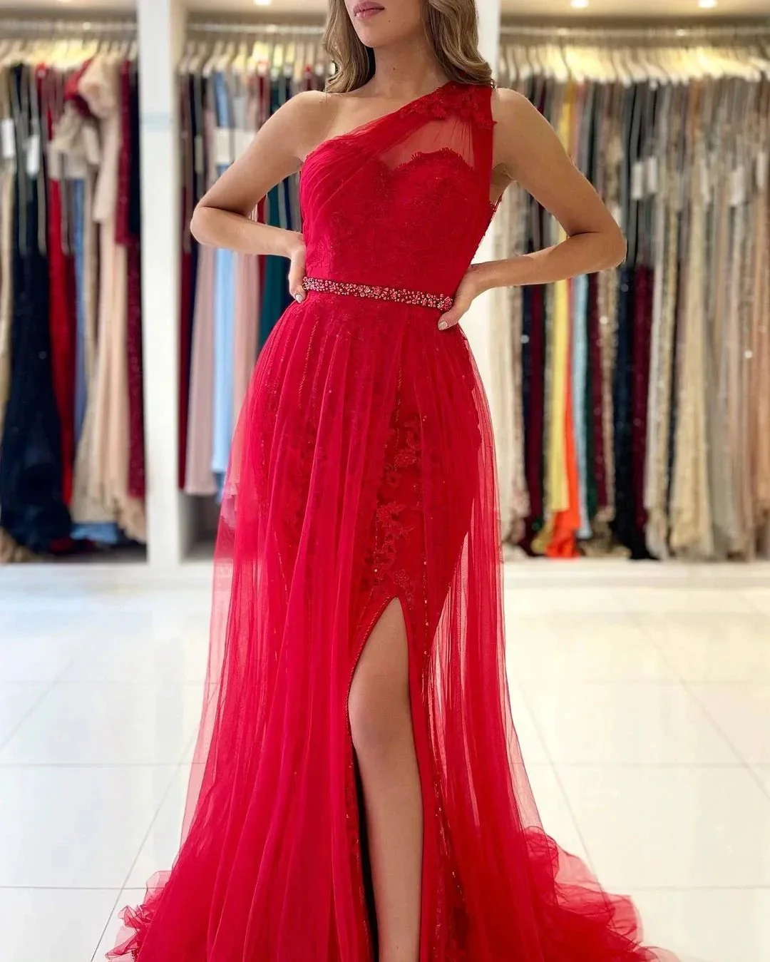 Long A-line One Shoulder Tulle Front Slit Prom Dress with Detacable Train - Image 4