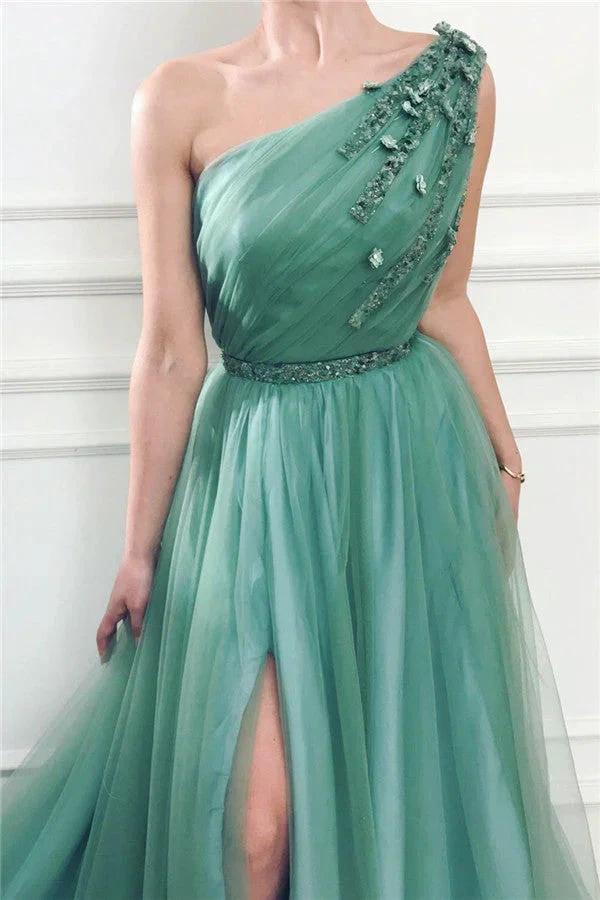 Long A-line One Shoulder Tulle Prom Dress with Slit - Image 2