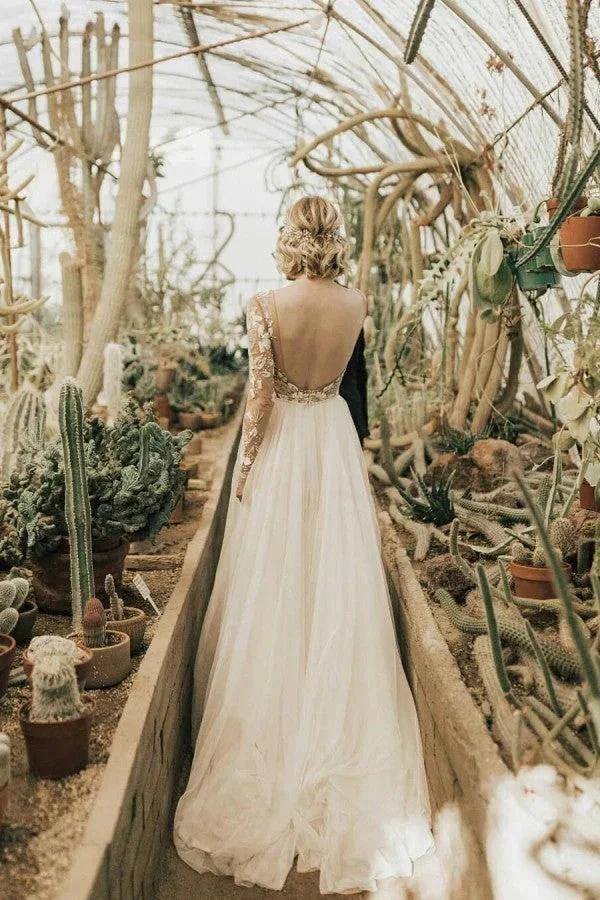Long A-Line Open Back Chiffon Appliques Lace Wedding Dress with Sleeves - Image 2