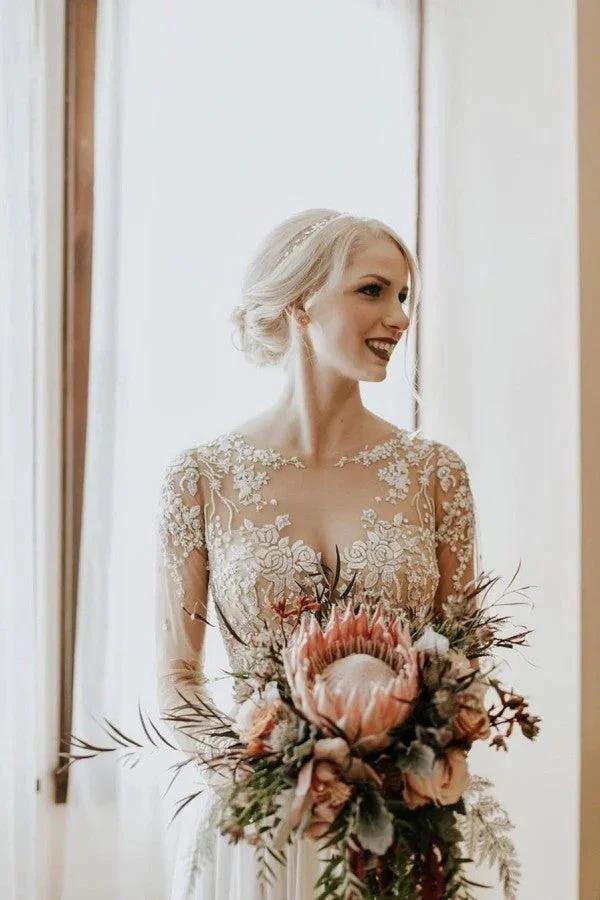 Long A-Line Open Back Chiffon Appliques Lace Wedding Dress with Sleeves - Image 3