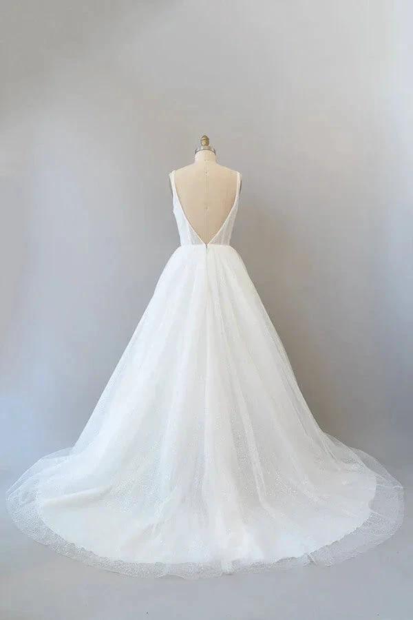 Long A-line Open Back Sequins Tulle Backless Wedding Dress - Image 2