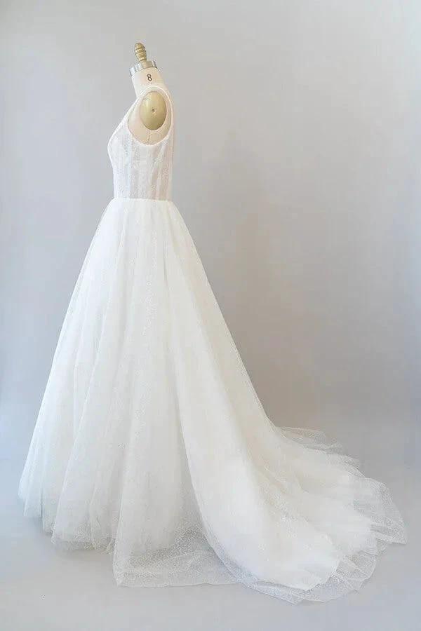 Long A-line Open Back Sequins Tulle Backless Wedding Dress - Image 4