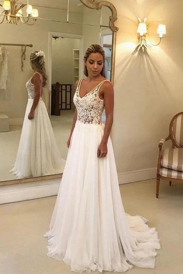 Long A-line Open Back V-neck Lace Chiffon Wedding Dress - Image 2