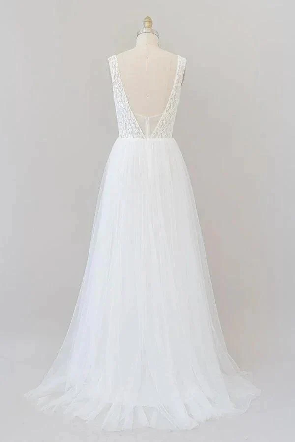 Long A-line Open Back V-neck Lace Tulle Wedding Dress - Image 2